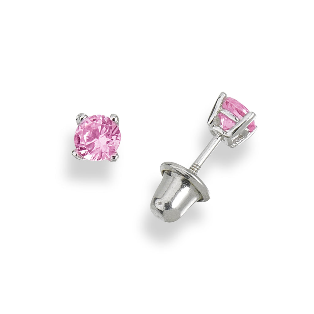 Pink Sterling Silver Rhodium plated screwback 4mm AAA Cubic Zirconia Stud Earrings for baby, girls and women