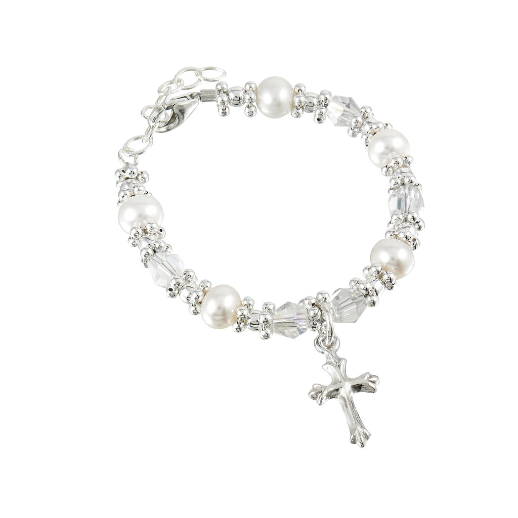 Sterling Silver Pearl Bracelet with Cross